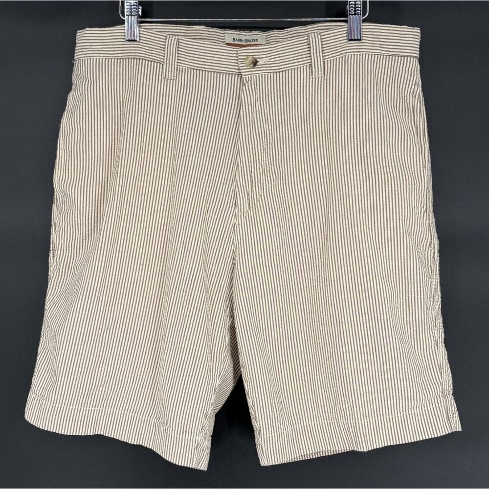 Barry Bricken Mens Seersucker Shorts 36 Cream Brown Lightweight Preppy Old Money